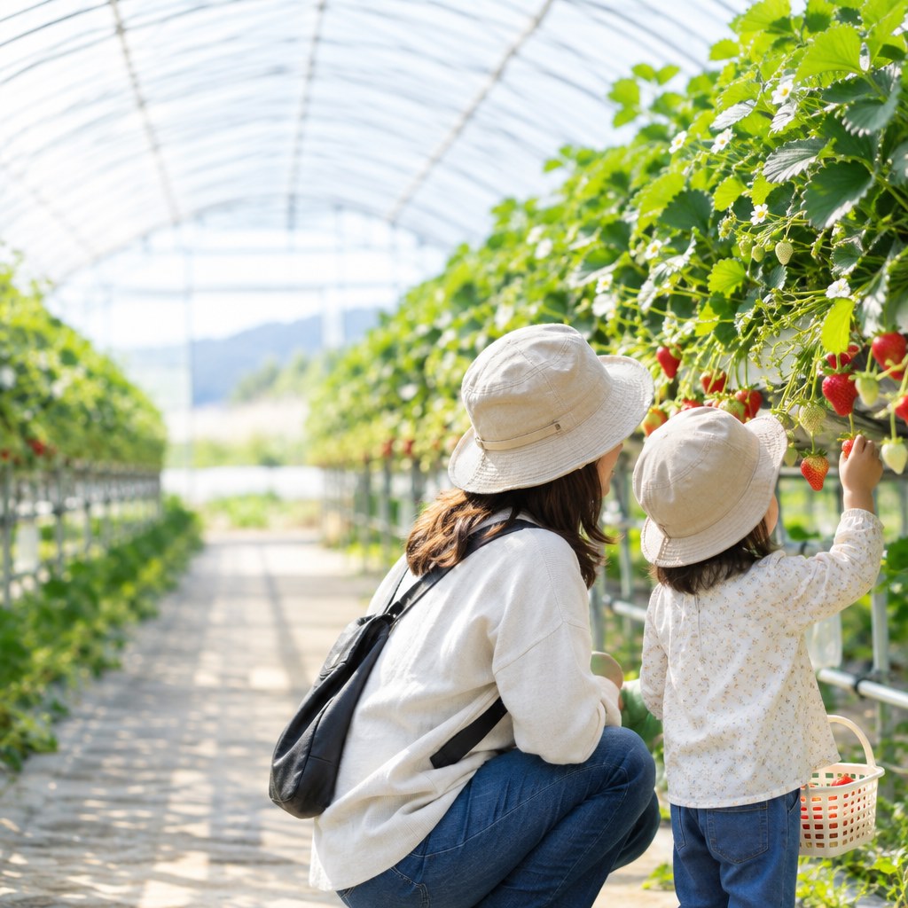宮崎のいちご農園で子どもといちご狩りを楽しむ様子